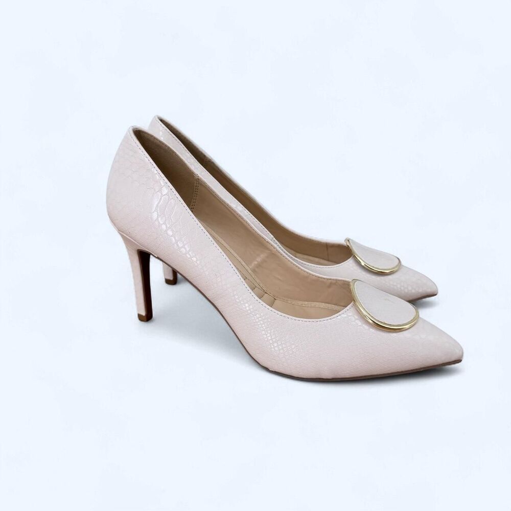 Python Snake Embossed Pointed Toe Pumps Gold Medallion Hardware Stiletto Heels